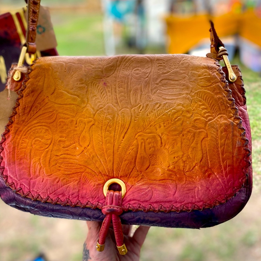 Recycled Riot tooled leather, hand dyed sunset gradient Ralph Lauren bag.